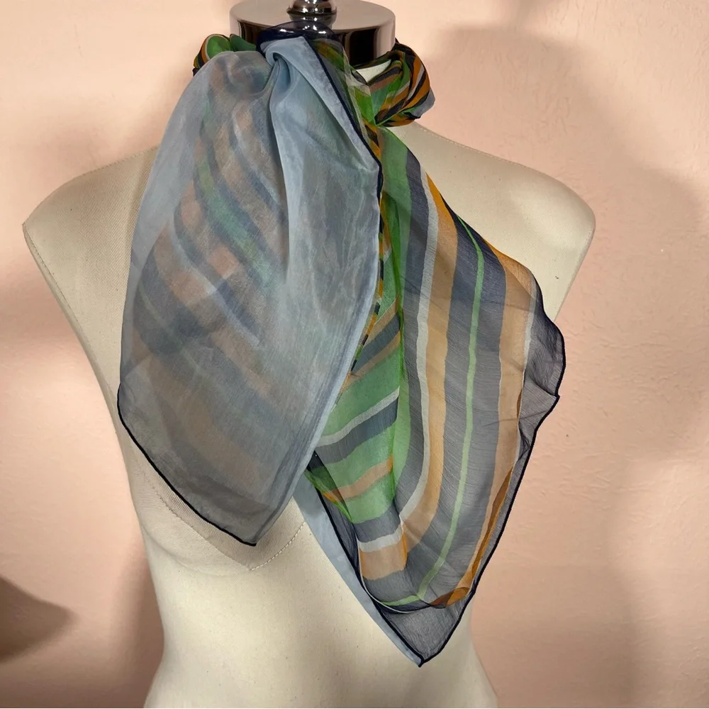 Vintage semi sheer striped Mod Green Blue Square Neck Scarf